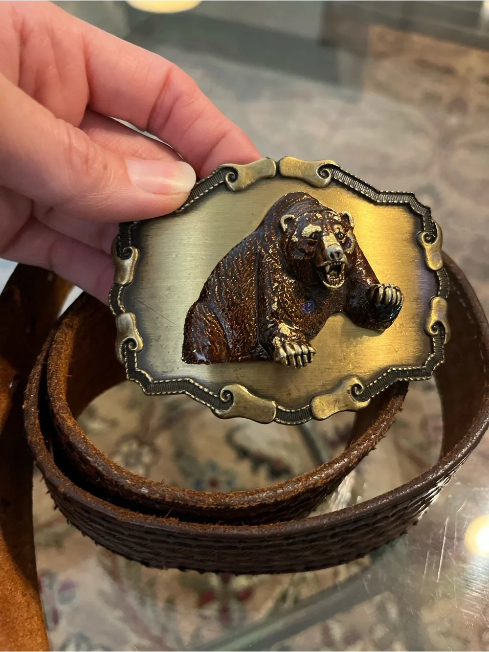 Raintree Bear Buckle Brown Tooled Leather Belt Western Rustic